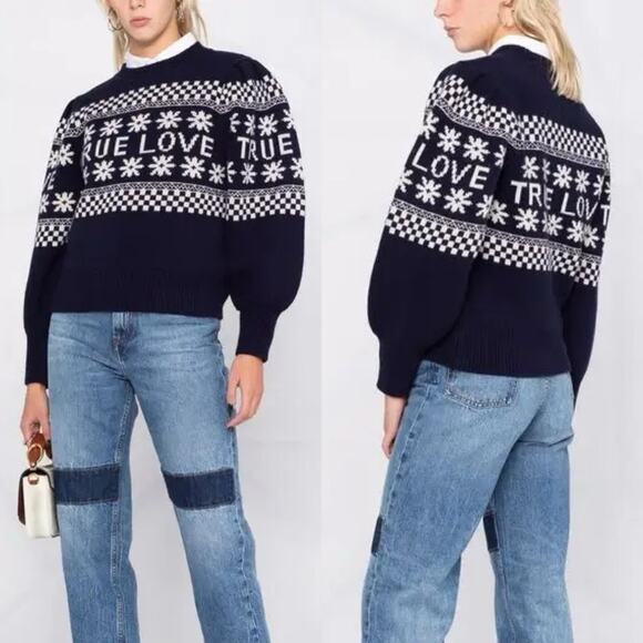 Sandro Paris Navy Blue White Wool Blend True Love Luciano Sweater - 2 Medium - Picture 1 of 13